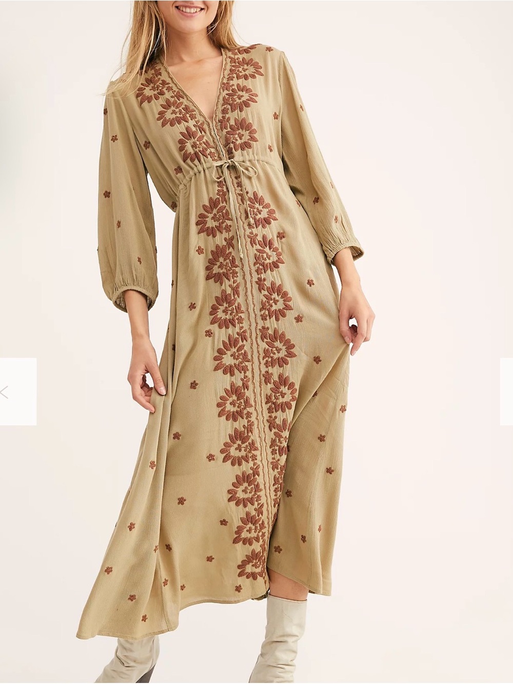 Free People Khaki Maxi Dress with Rust Floral Embroidery